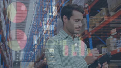 animación de estadísticas y procesamiento de datos financieros sobre el hombre que trabaja en el almacén