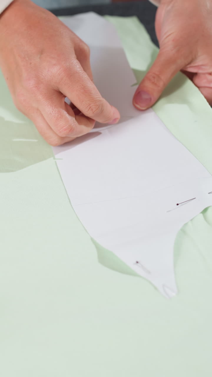 재단사가 옅은 녹색 직물 위에 놓인 종이 패턴의 위치를 조정하고, 핀으로 고정하고 정확하게 재단하기 위해 템플릿 주위의 직물을 매끄럽게 다듬는 모습이에요. 정돈된 레이아웃과 집중된 분위기가 느껴지는 작업실의 클로즈업 장면입니다.