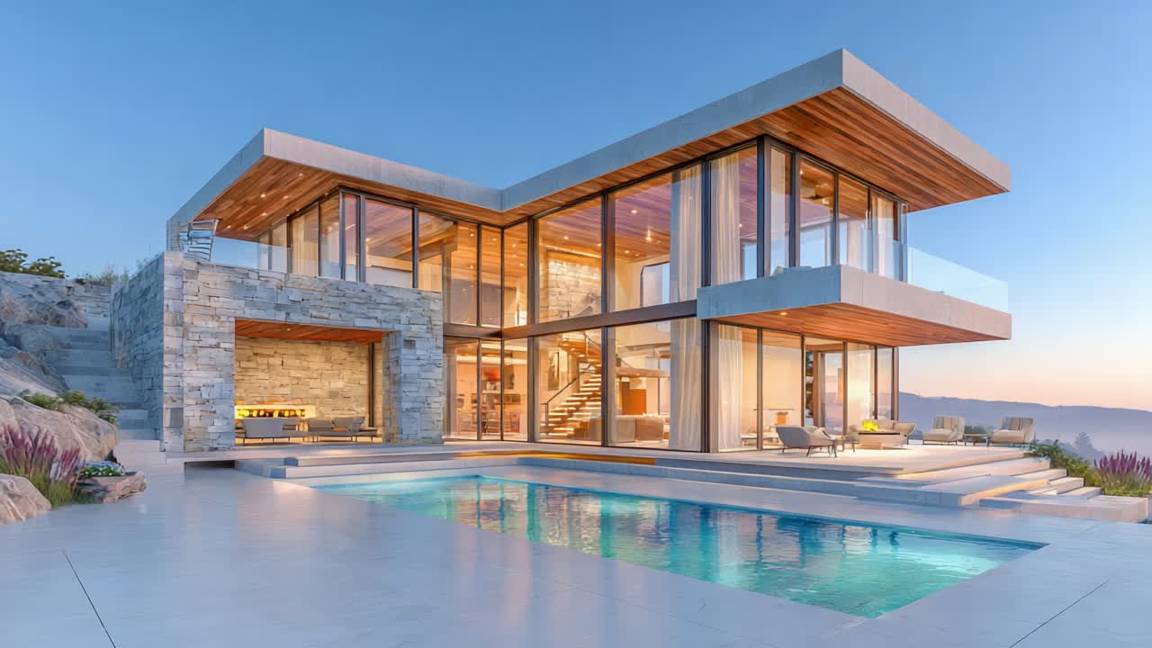Stunning Modern Architecture: A Luxurious Glass House with a Pool Surrounded by Scenic Views During Sunset and Twilight