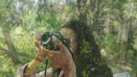 hojas en un árbol contra una fotógrafa afroamericana haciendo clic en imágenes con una cámara digital