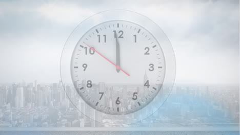 animation of moving clock over cityscape