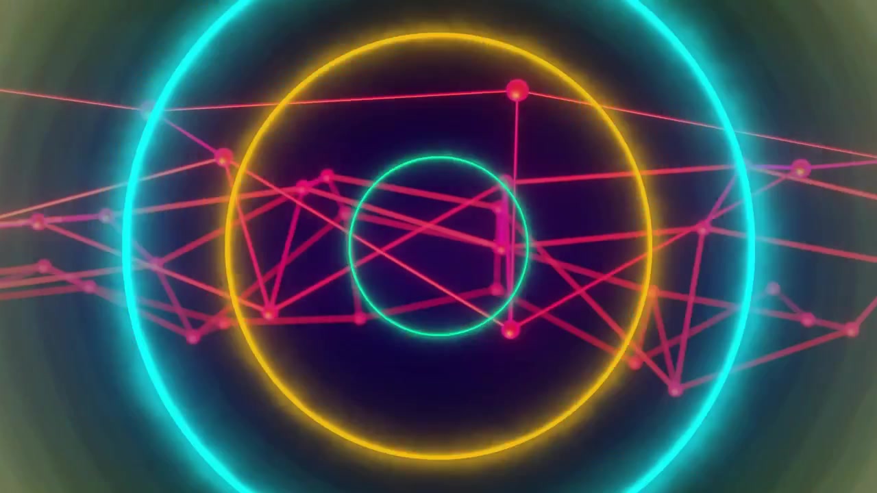 Cerchio verde neon che emerge al centro della rete, anelli multicolori che si formano, pulsano, visualizzando strati.