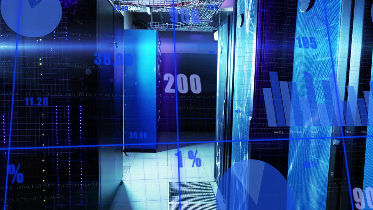 Processing data in blue-lit data center with servers, animated graphics displayed