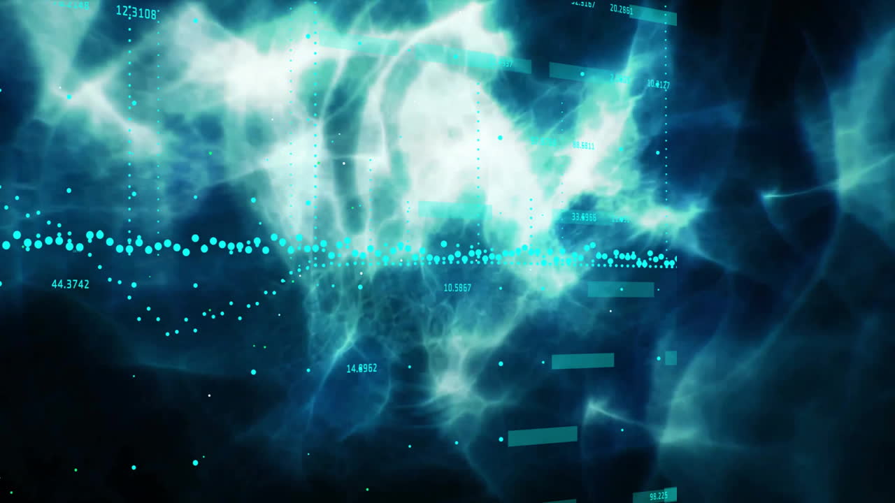 추상적인 데이터 시각화 및 파란색과 색 배경의 디지털 파동 애니메이션