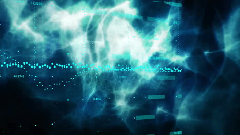 visualización de datos abstractos y animación de ondas digitales sobre fondo azul y blanco