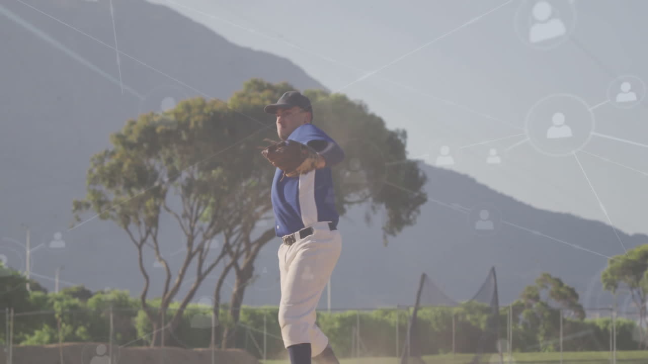 Baseball player pitching on field with network connections animation over landscape