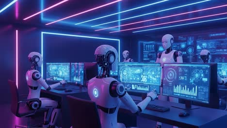 futuristic scene featuring advanced robots analyzing data in a high-tech control room with neon lights and multiple computer screens displaying information