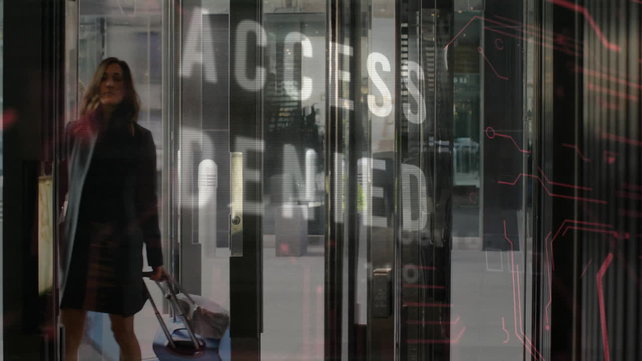 Access Denied text animation over businesswoman walking through glass doors