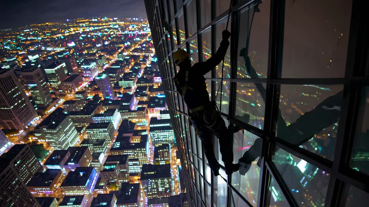 limpieza nocturna de ventanas de edificios de gran altura