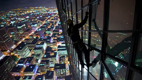 high-rise window cleaning at night