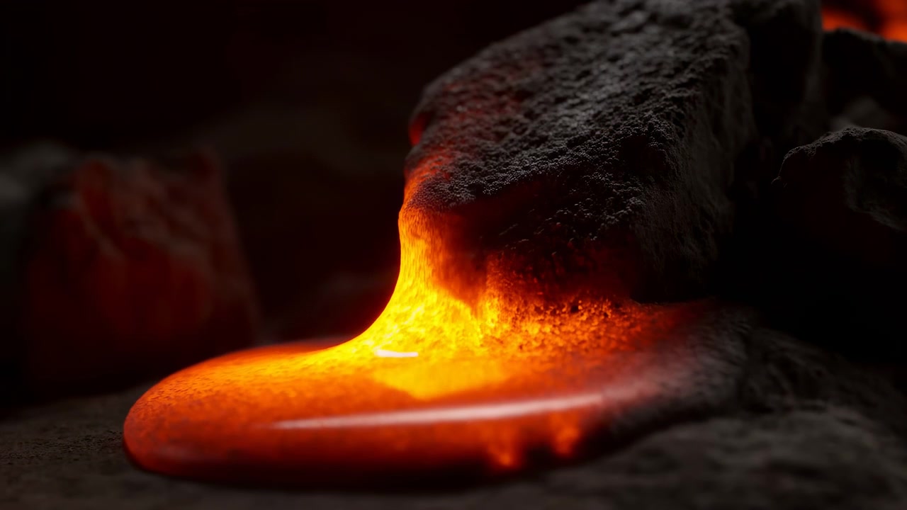 Primo piano cinematografico di lava fusa che emerge da roccia vulcanica scura e si espande in una pozza incandescente poco profonda e una sottile lastra luminosa, con un nucleo giallo-arancio brillante, texture lucida, e