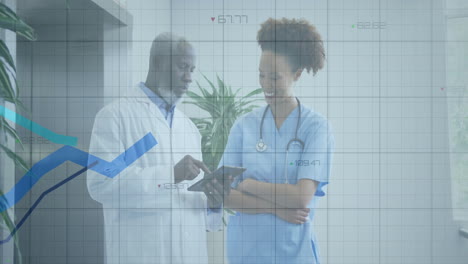 doctor and nurse pointing at tablet in clinical office, showing animated graphs and live metrics