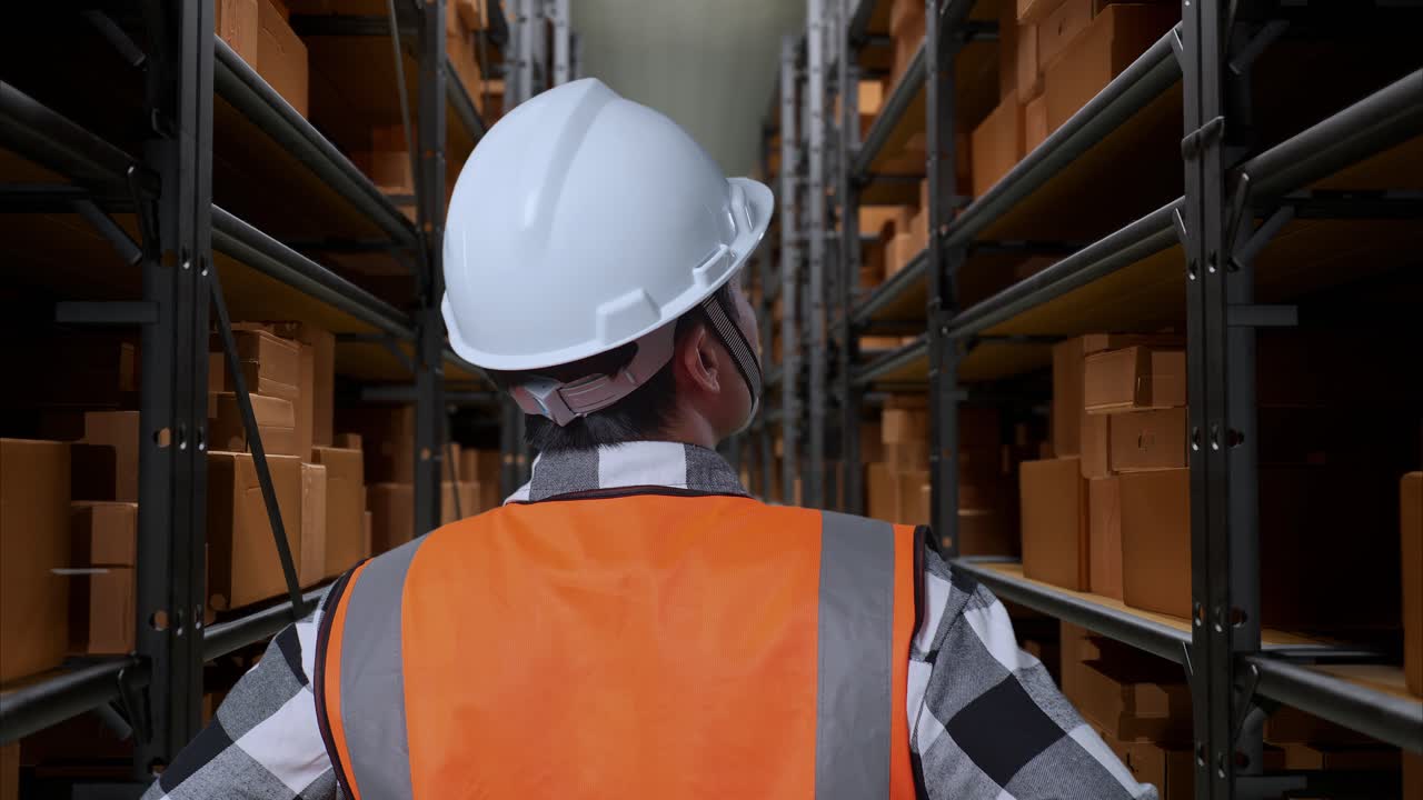 vista de cerca de atrás de un ingeniero masculino asiático con casco de seguridad en el almacén con estantes llenos de mercancías de entrega. de pie con los brazos akimbo mirando a su alrededor, comprobando el stock en los estantes