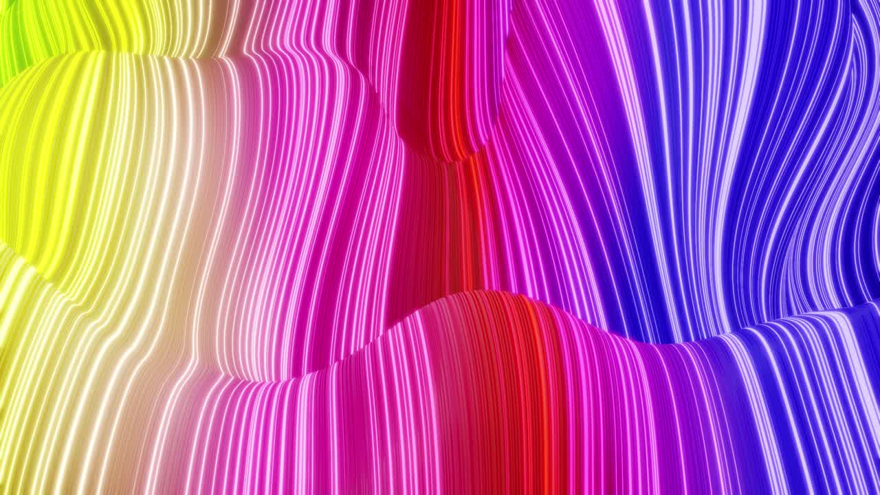 hermoso fondo abstracto de ondas en la superficie, gradientes de color arco iris, líneas extrudidas como superficie de tela a rayas con pliegues o ondas en líquido. bucle 4k. líneas de brillo. 8