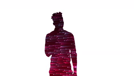 animation of silhouette of businessman talking with light trails on white background