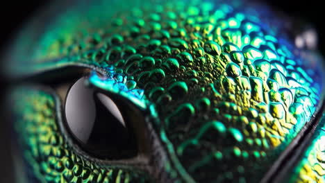 macro close-up of iridescent beetle exoskeleton with water droplets