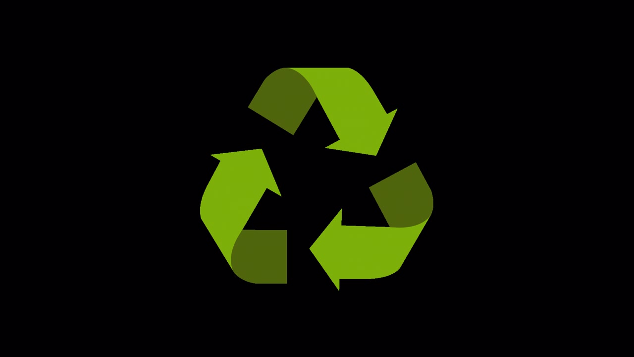 Grafica in movimento di un simbolo di riciclo verde che si forma su sfondo nero.