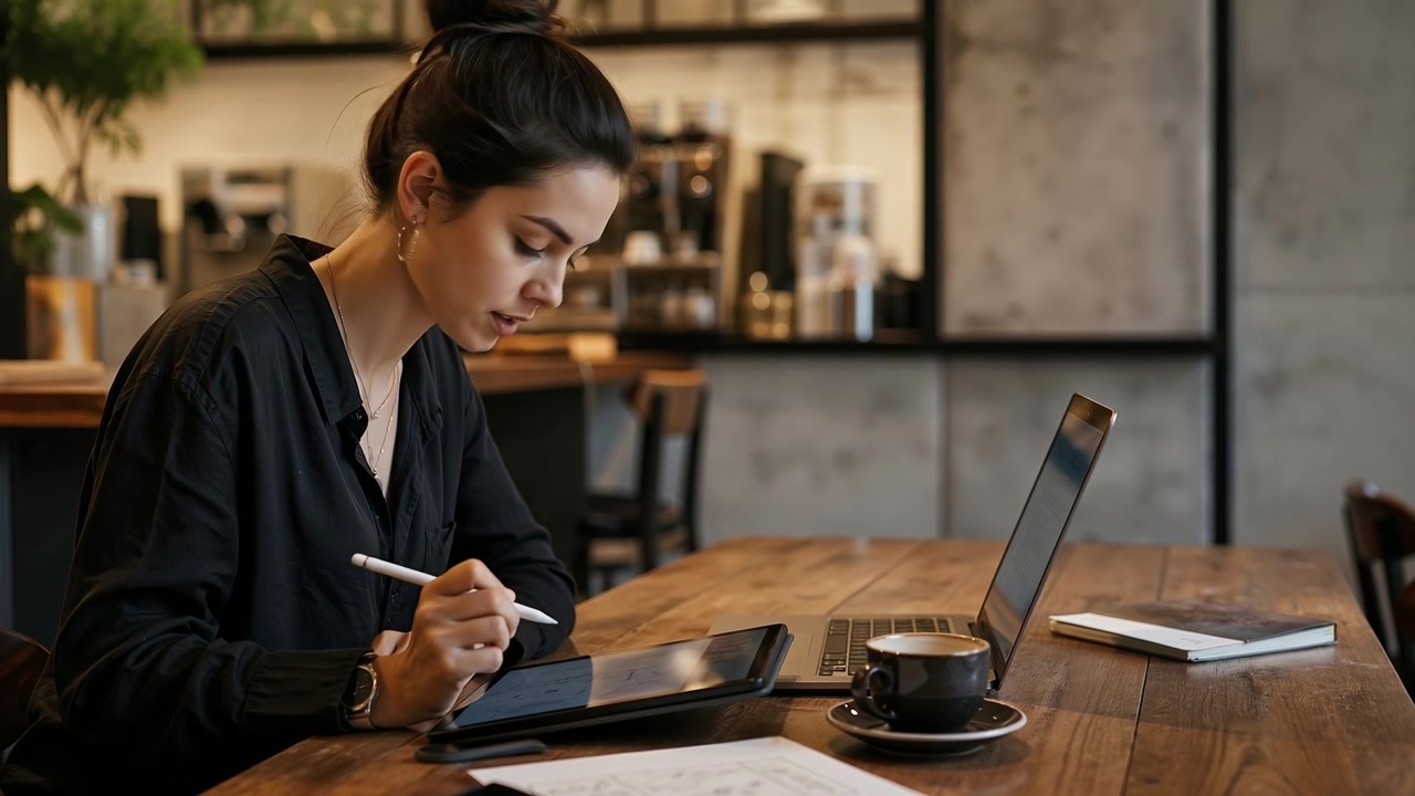 Giovane donna che lavora con un tablet digitale e un laptop a un tavolo di legno in un bar.