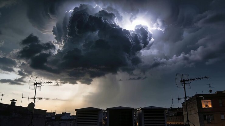 Storm clouds flashing lightning with heavy rain falling over rooftops and antennas, AI-generated