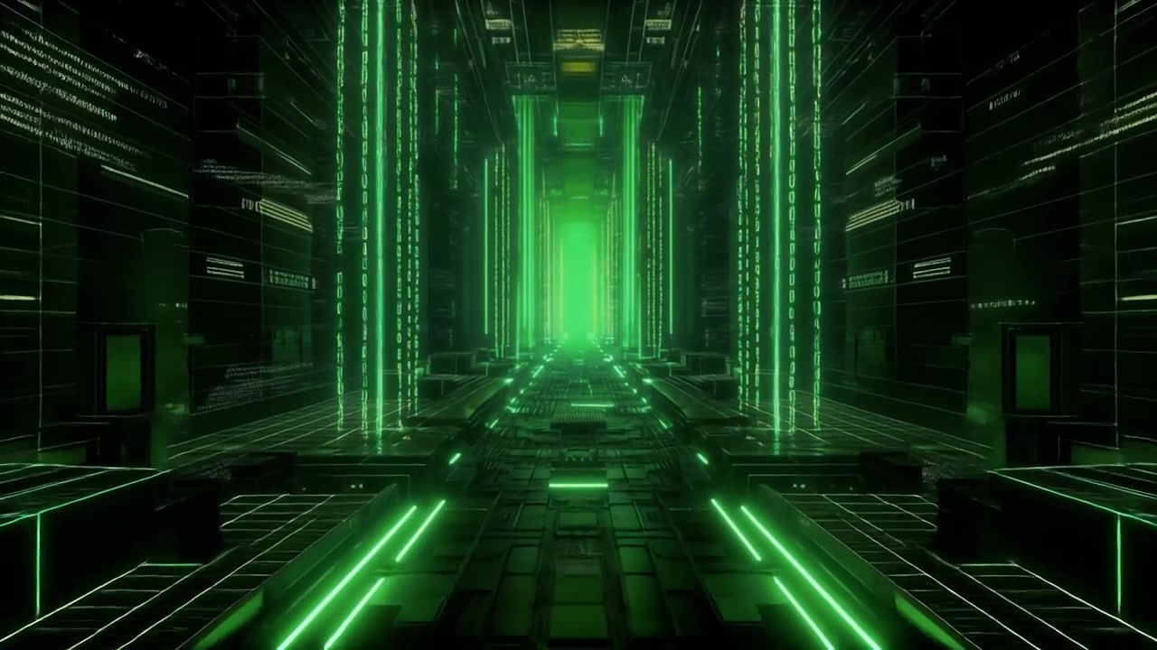 Futuristic Digital Corridor with Glowing Green Binary Code Data Stream