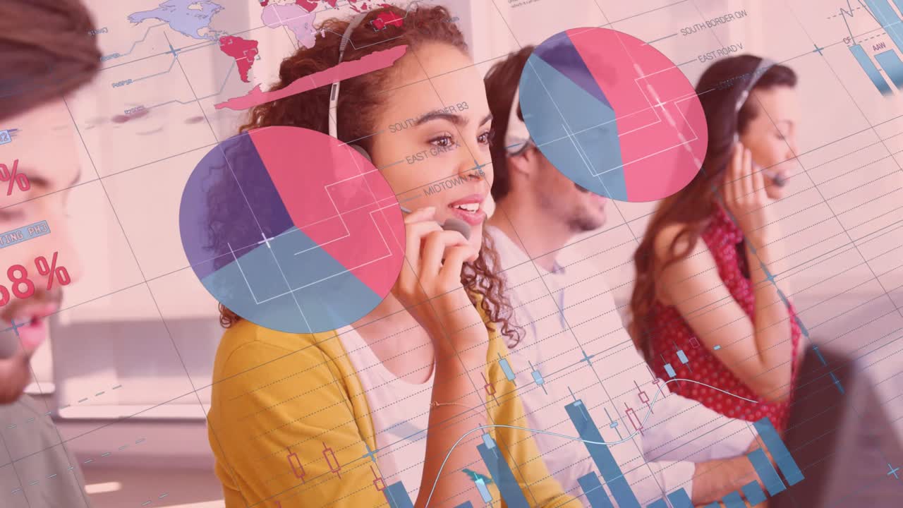 анимация разнообразной команды по обслуживанию клиентов с телефонными наушниками и статистикой