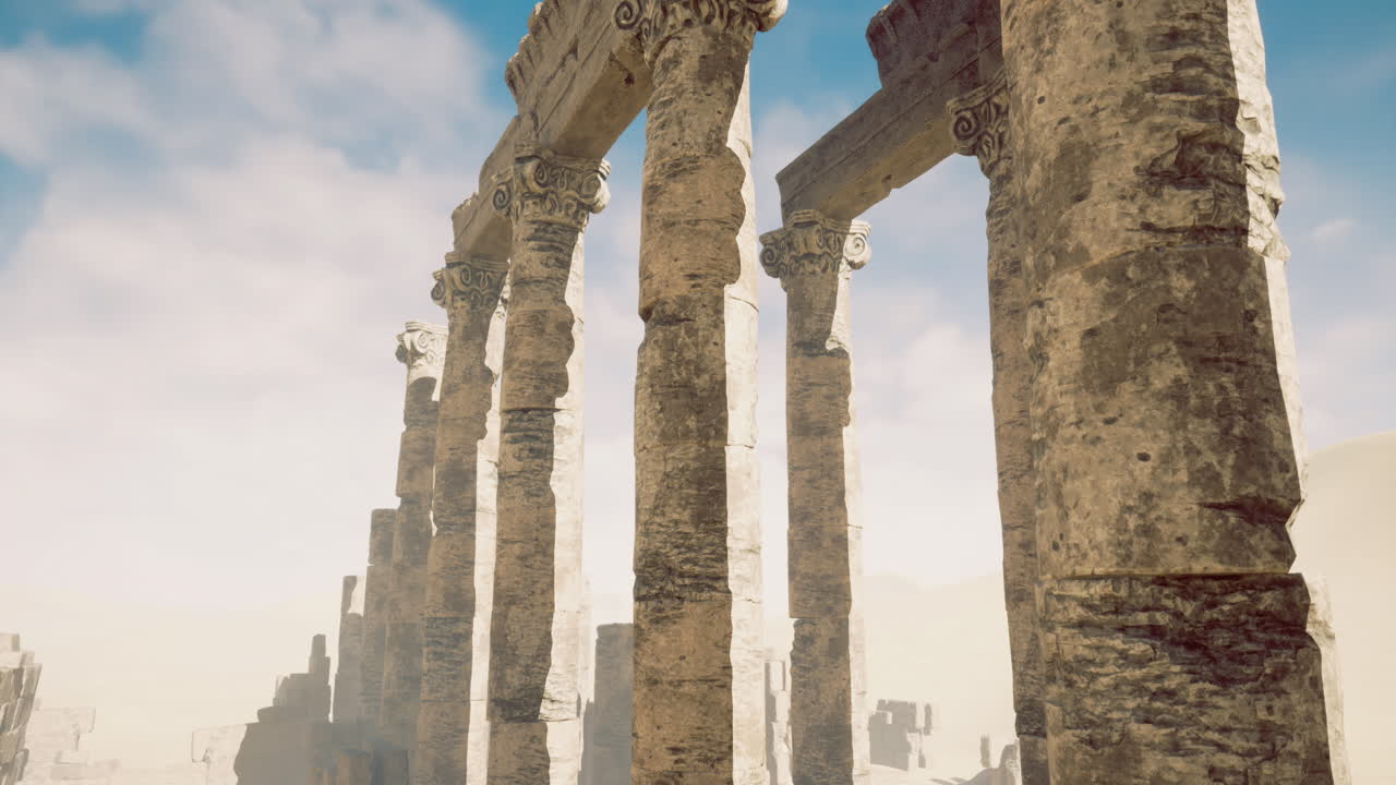 Ruins of ancient columns stand against a cloudy sky in desert landscape