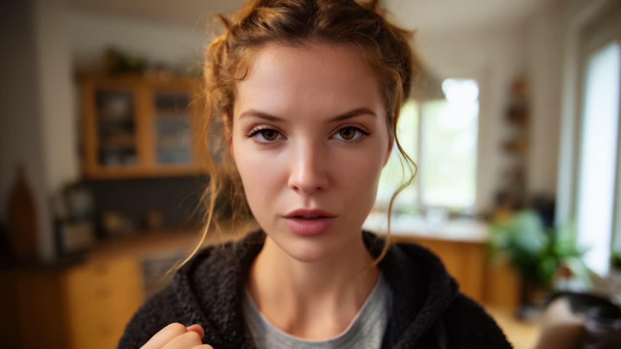 A woman expresses deep emotions in a cozy environment, her serious gaze and hand gesture indicating urgency or concern, captured in two sequential moments