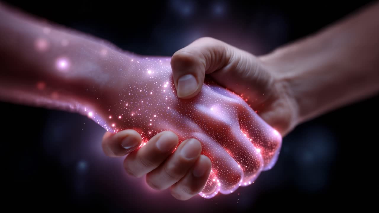 Due mani si stringono, brillando di particelle rosa radiose. L'energia pulsa attraverso il loro tocco, trasmettendo fiducia e unità. Lo sfondo sfuma in un'oscurità profonda, enfatizzando la connessione.