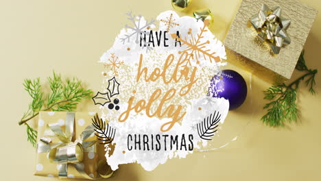 animación de tener un texto de navidad alegre y decoraciones de navidad y cajas de regalos