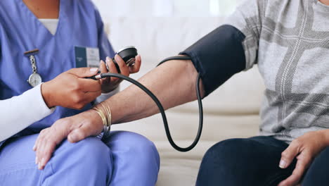 nurse, hands and blood pressure test in home