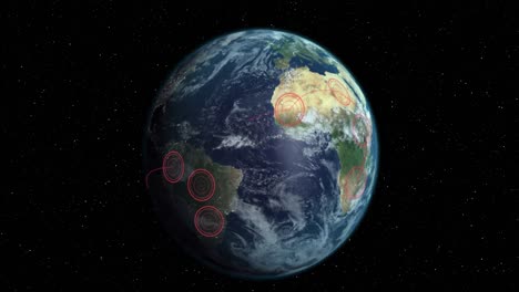 Globo-Giratorio-Con-Círculos-Concéntricos-Rojos-Radiantes-Que-Se-Extienden-Entre-Territorios-Sobre-Fondo-Negro.