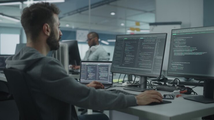 Diverse Office: Enthusiastic White IT Programmer Working on Desktop Computer. Male Specialist Creating Innovative Software. Engineer Developing App, Program, Video Game. Writing Code in Terminal