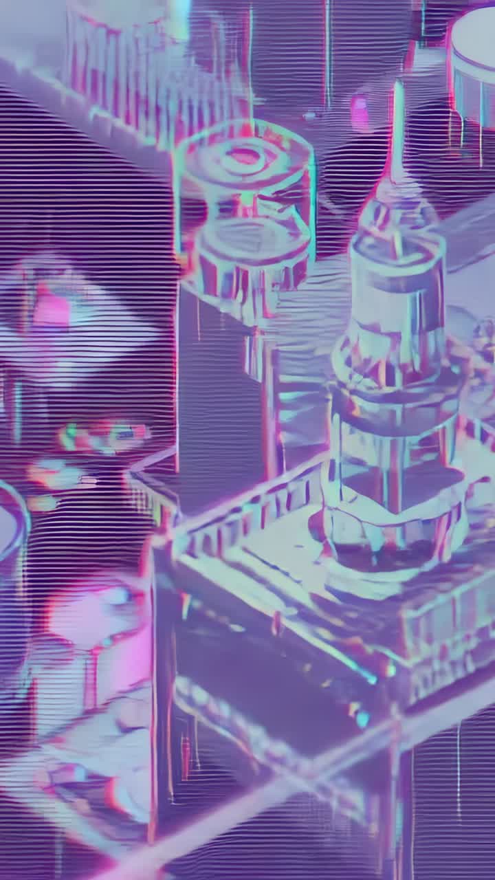 Vertical video: Panning camera revealing turret and cylinders on circuit, showing magenta particles