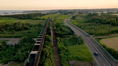 Paneles-Solares-En-Una-Vía-De-Monorraíl-Abandonada-En-Japón-Junto-Al-Tren-Que-Se-Aproxima