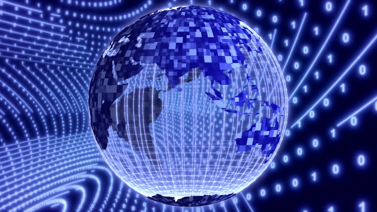 회전하는 행성 지구와 함께 네온 디지털 이진 배경. 네트워크, 디지털 이벤트에 대한 원활한 루프 4k 애니메이션