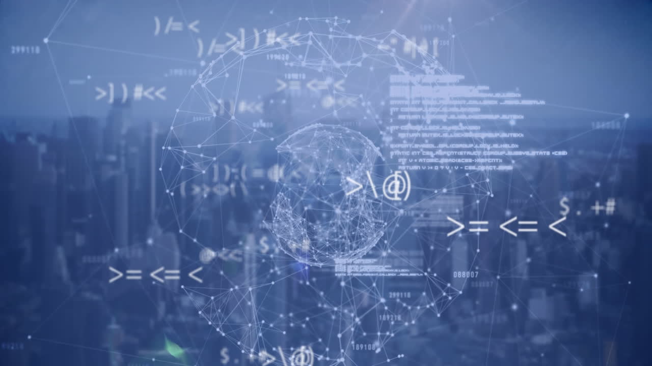 상징, 컴퓨터 언어 및 점의 애니메이션은 현대 도시 풍경 위에 지구를 형성합니다.