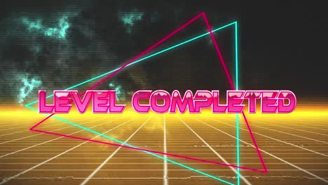 animation of level completed text over clouds and green squares