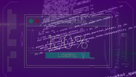 animación de números cambiantes con textos y barra de carga sobre lenguaje informático y círculos.