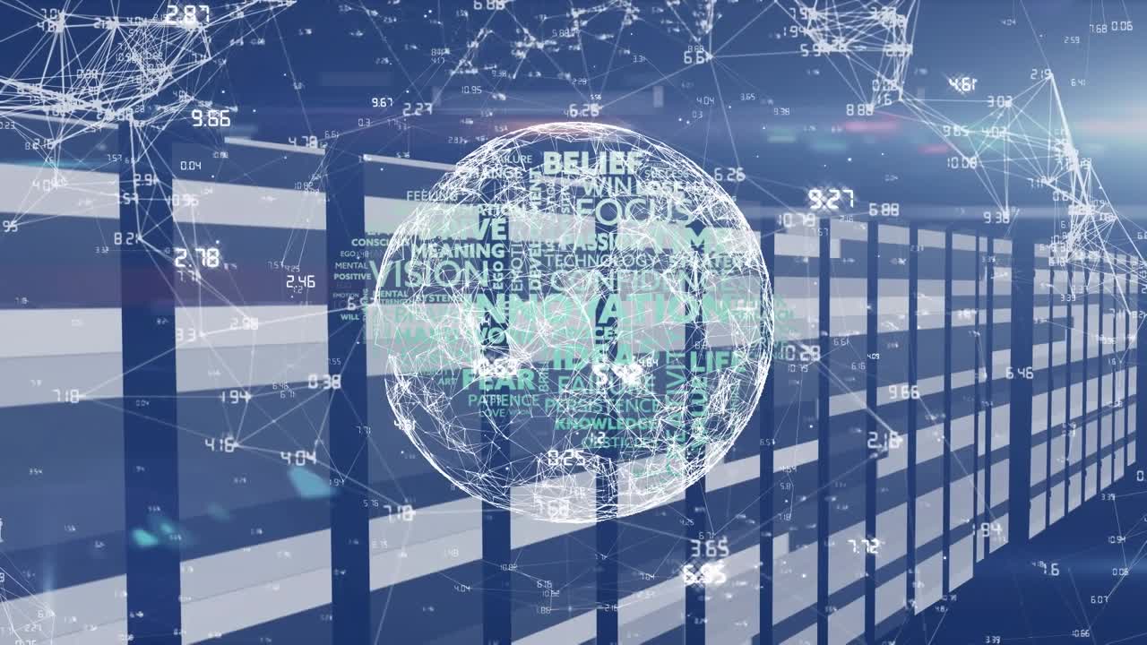 Animazione di rete di connessioni e sfera digitale su cantiere edile