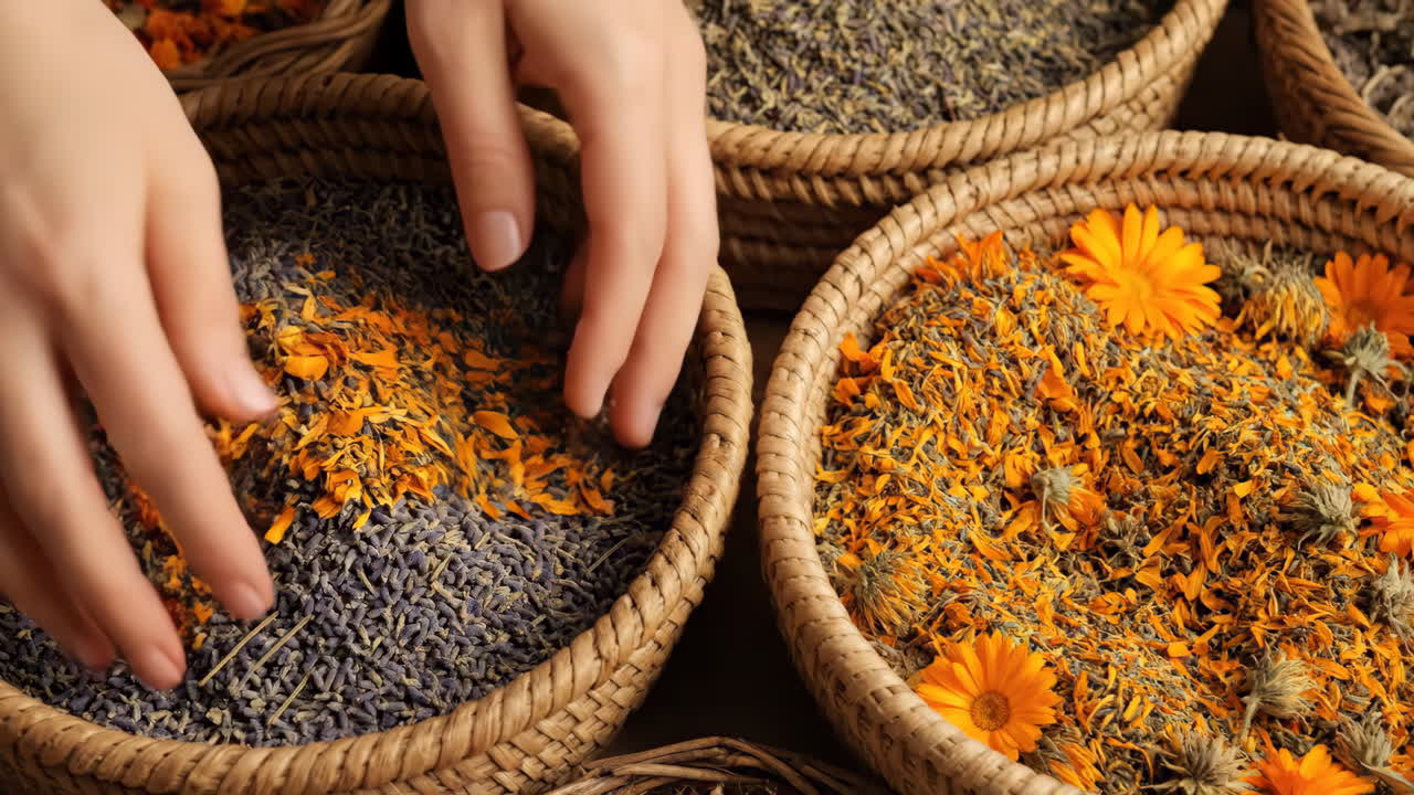 Hands sorting dried lavender and calendula petals in baskets
