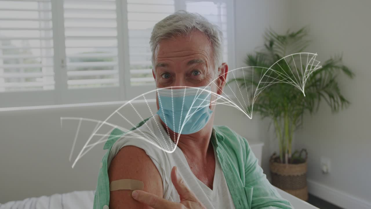 Senior patient tending bandage post injection sparkles forming arcs sweeping mask signaling health