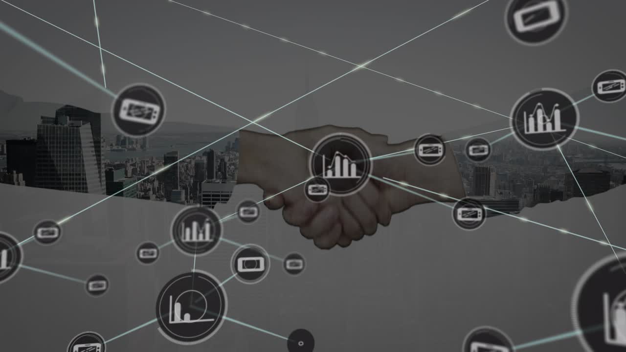Animazione di una rete di connessioni con icone su mani che si stringono