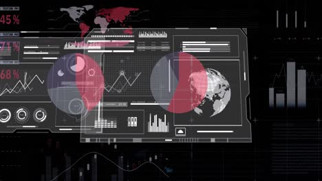 Animation-of-financial-data-processing-with-world-map-and-globe-over-black-background