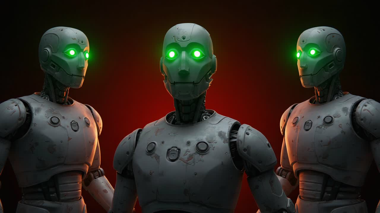 Three Androids with Glowing Green Eyes Against a Dramatic Background: Exploring the Intersection of Technology and Artistry in Robotic Design