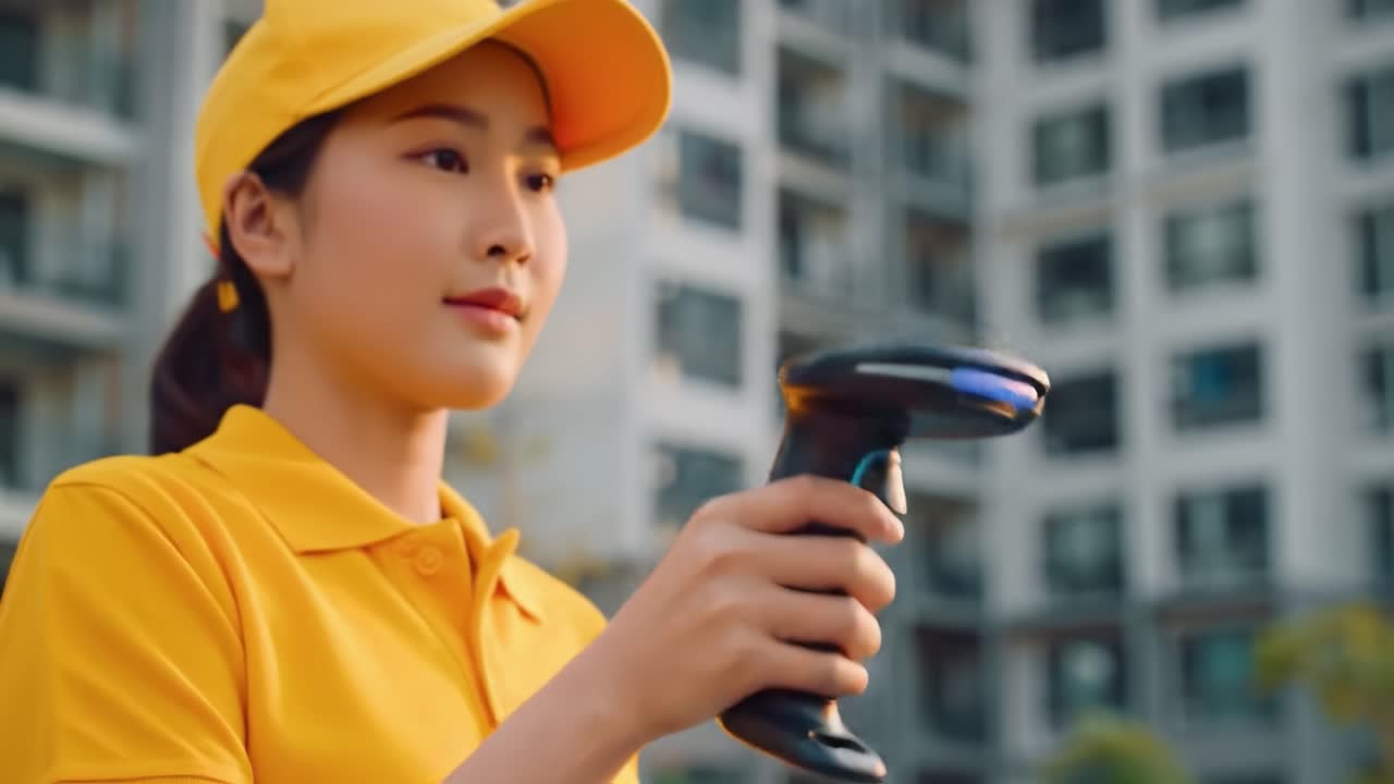 A person dressed in a yellow uniform uses a scanning device outdoors in a bustling neighborhood. The surroundings feature tall buildings and greenery, highlighting an urban setting.