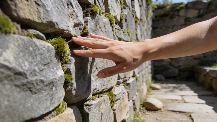 Entrando da destra, una mano nuda scivola lungo una parete muschiosa in un corridoio, percependo la consistenza, con spazio per il testo