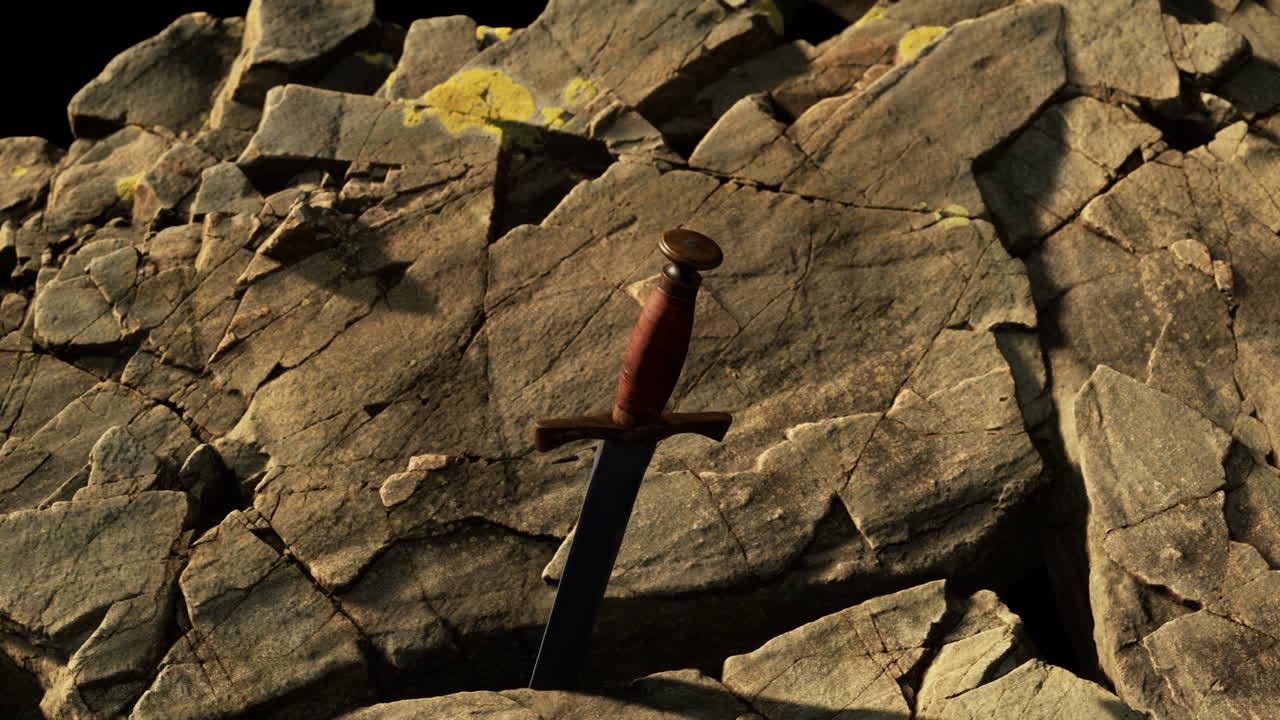 Excalibur sword in rocky stone at sunset