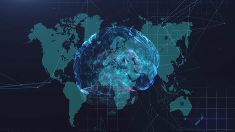 human brain spinning against network of connection over world map on blue background