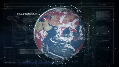 animación de la red de conexiones sobre el globo giratorio contra la interfaz con el procesamiento de datos