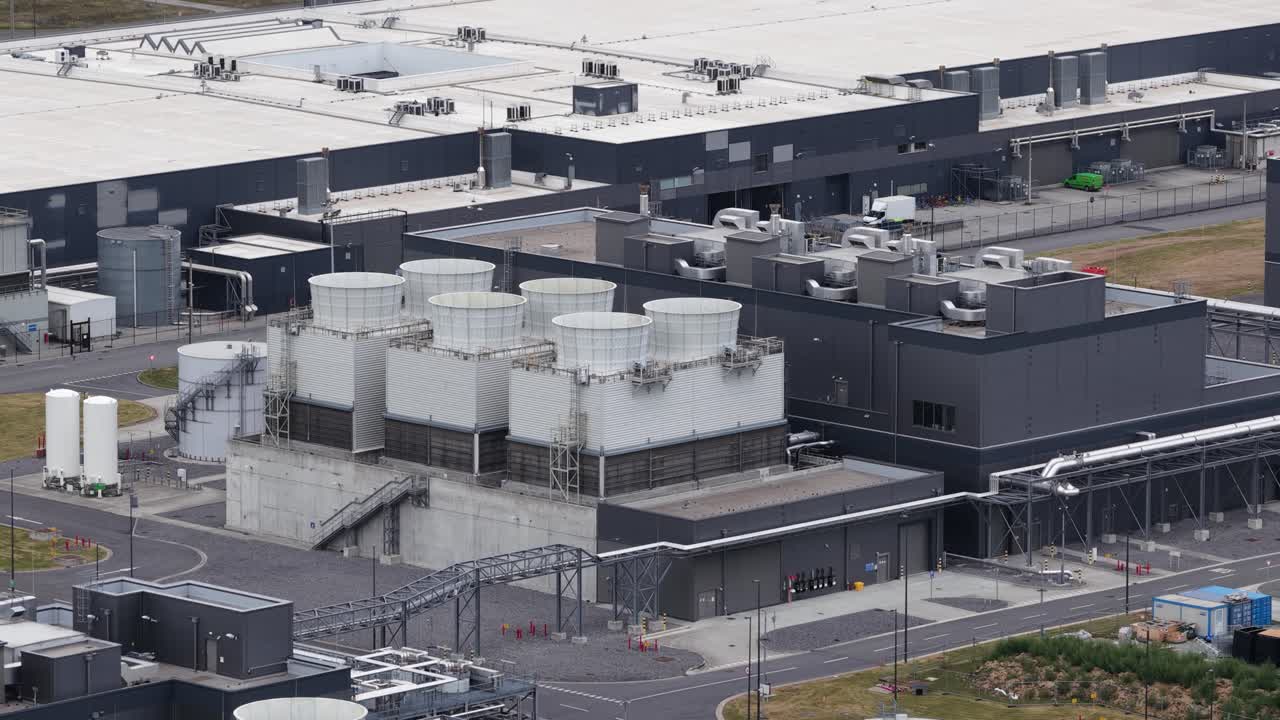 Data center in Belgium. Power of AI, cloud services and big data computing. Aerial drone video